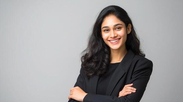 portrait of a young indian business woman smiling with arms crossed over grey background free photo